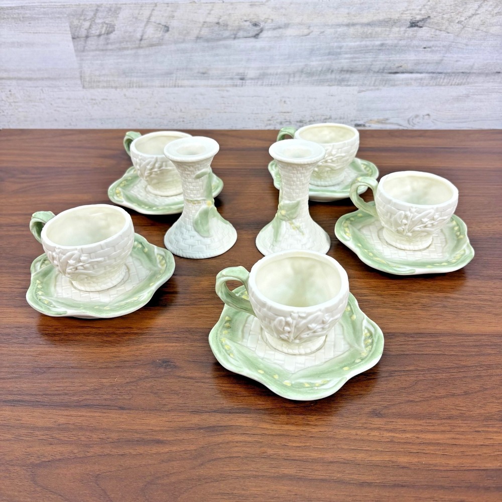 LILY OF THE VALLEY FINE BONE CHINA  ENGLAND‎ Two Candle Holders + Teacups Qty 12